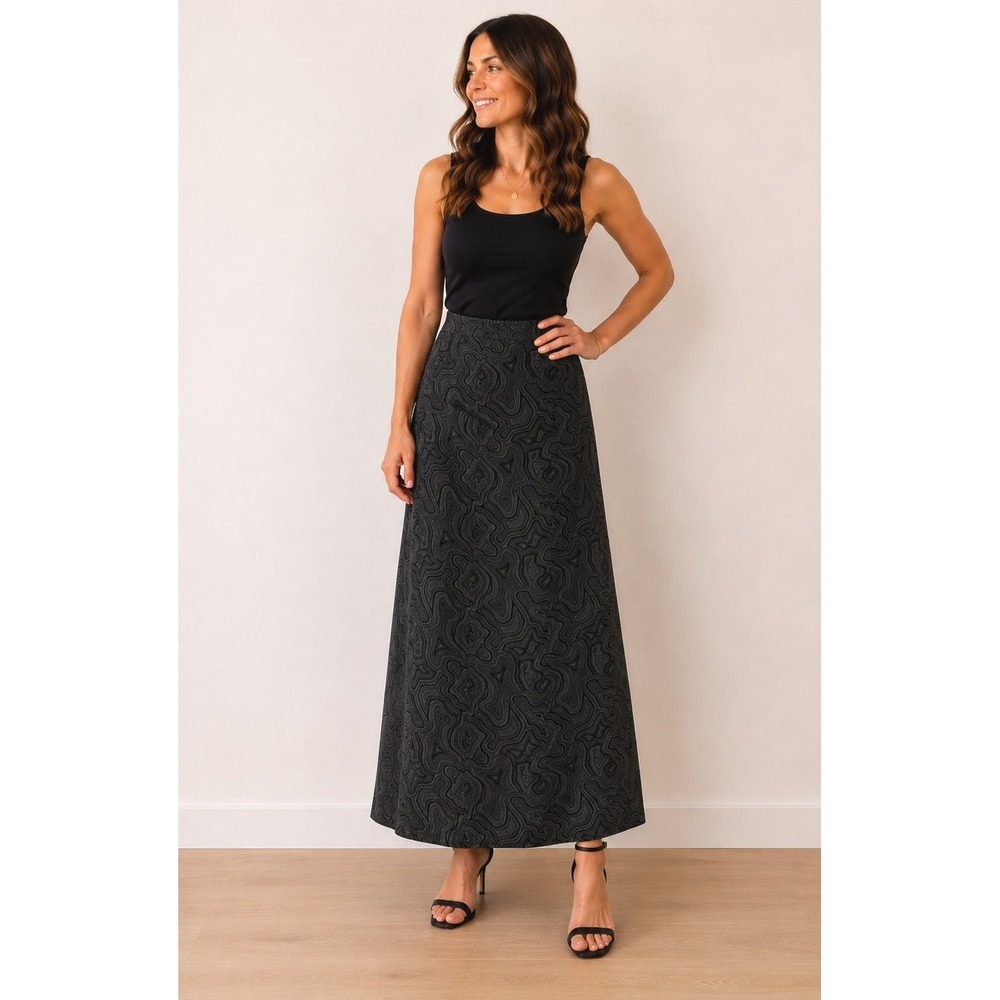 Vtg 90s Kathy Ireland Skirt 3X Black Grey Swirl Abstract Maxi Elastic Waist Y2k